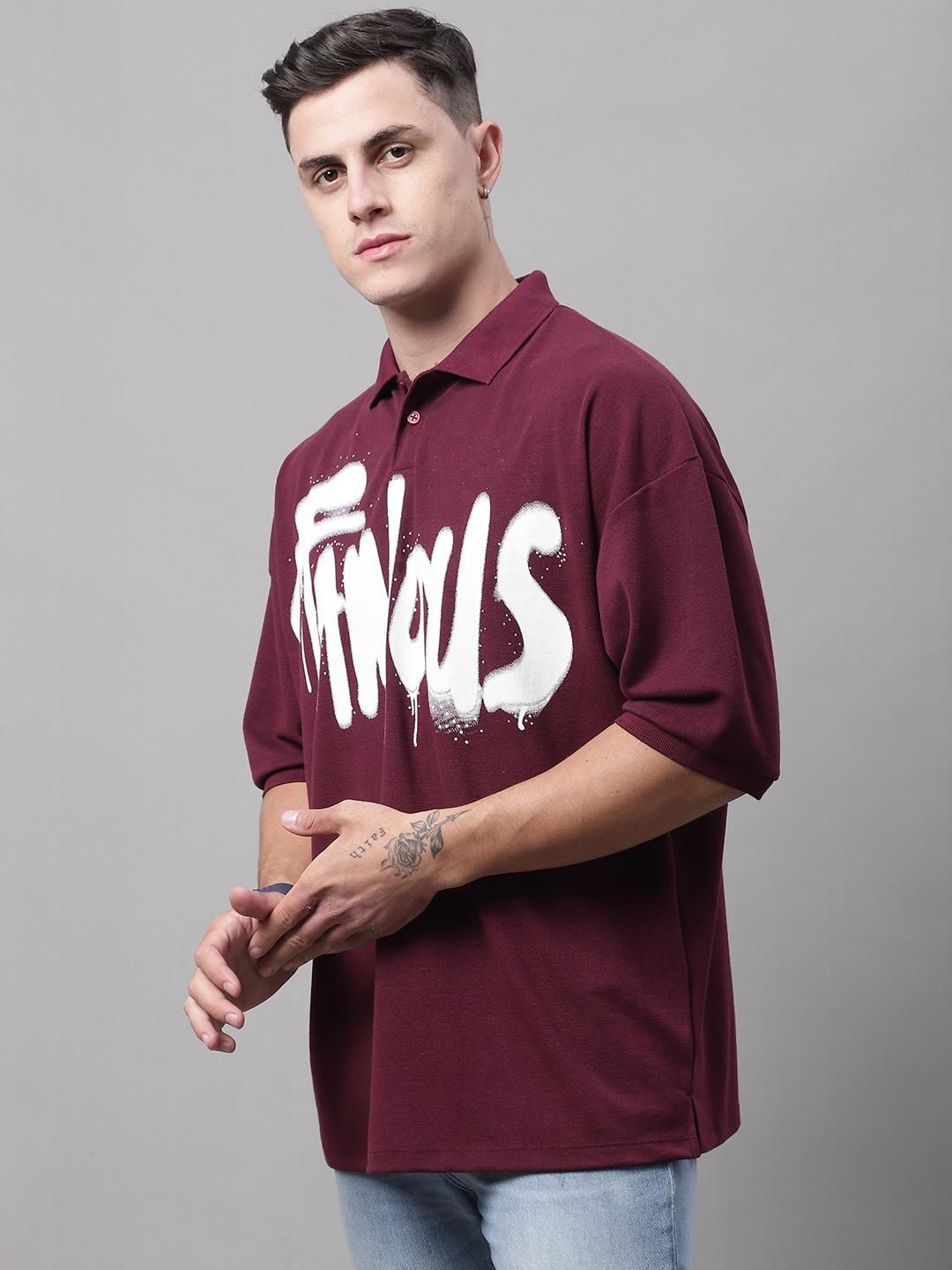 DOOR74 MENS FAMOUS PRINTED MAROON COLOR OVERSIZE FIT POLO TSHIRT