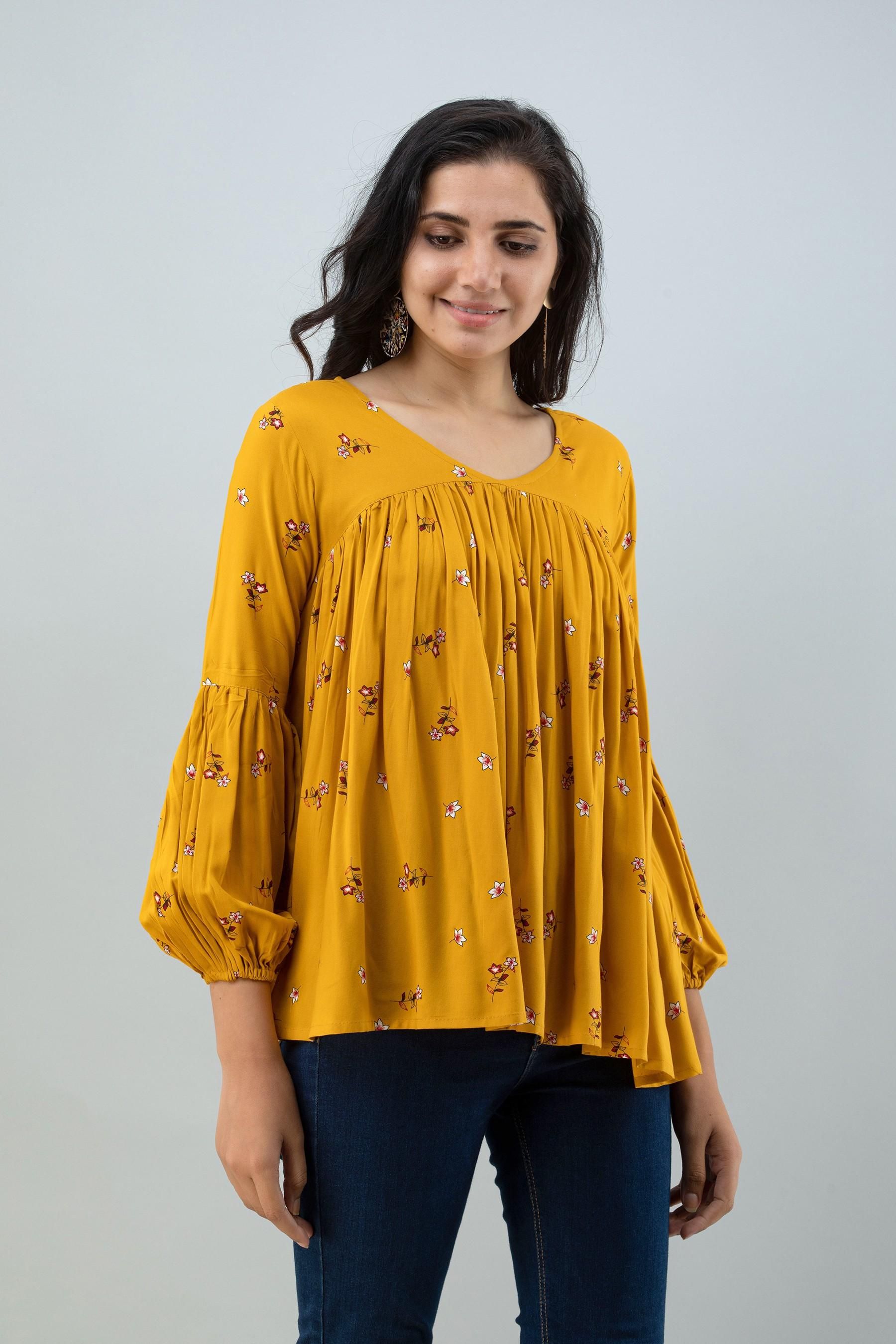 FLAMBOYANT Casual Regular Sleeves Printed Women Yellow Top
